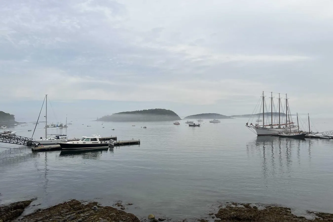 A landscape photo of a foggy harbor. Several larger ships are docked; many small fishing boats are moving in the background.