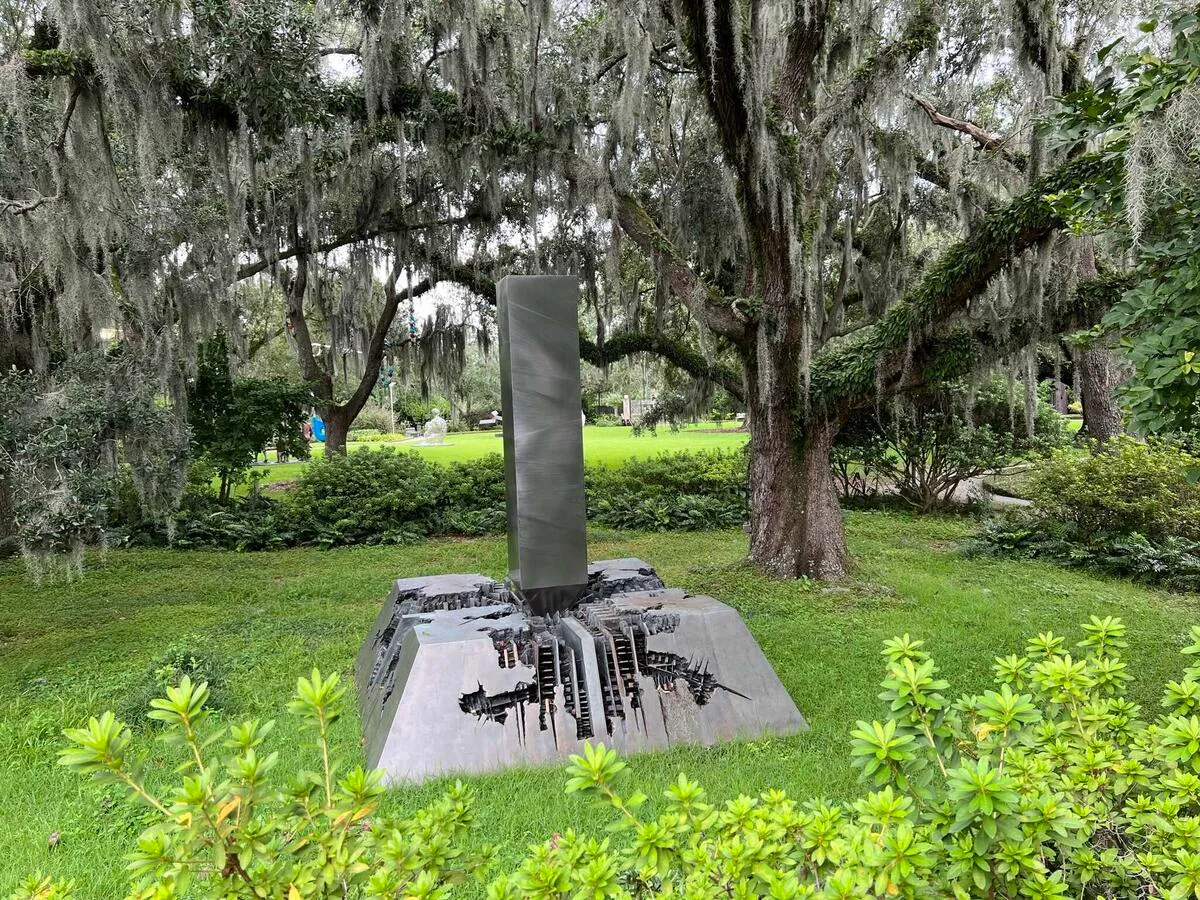An obelisk-like sculpture in NOMA's Sculpture Garden.