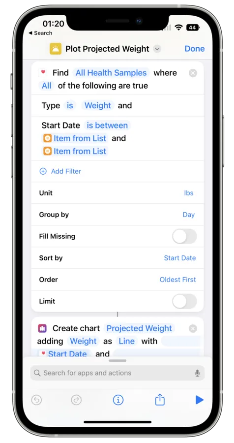 Snippet of Shortcut workflow for generating projected weight charts.